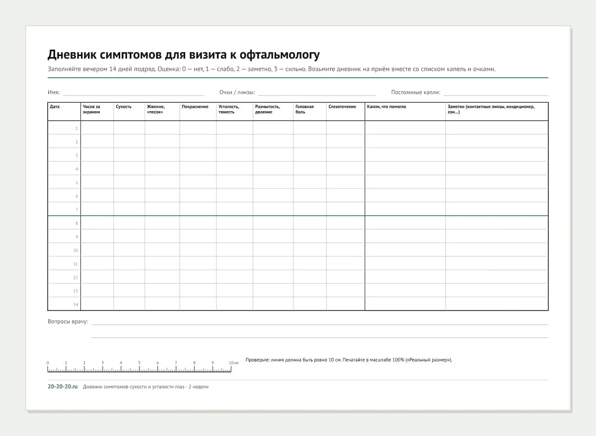 Дневник симптомов сухости и усталости глаз распечатать: таблица на 14 дней с оценками от 0 до 3 и полем для вопросов врачу, лист A4
